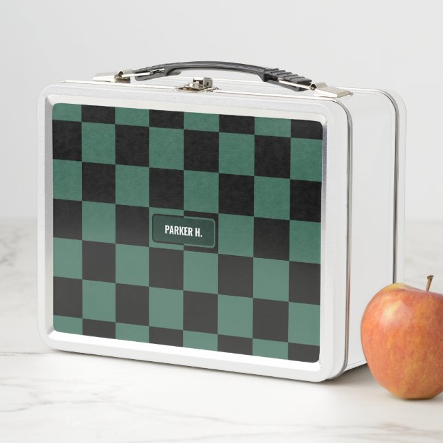 Personalised Chequered Green & Black Metal Lunch Box (In Situ)