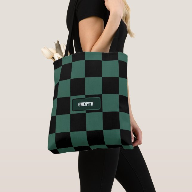 Personalised Chequered Green & Black Tote Bag (Close Up)
