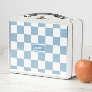 Personalised Chequered Iris Baby Blue Metal Lunch Box