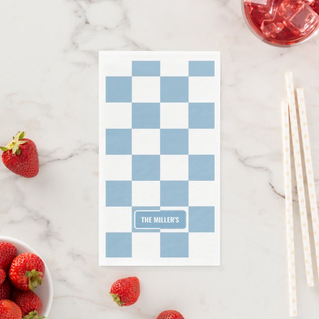 Personalised Chequered Iris Baby Blue Napkin (Insitu)