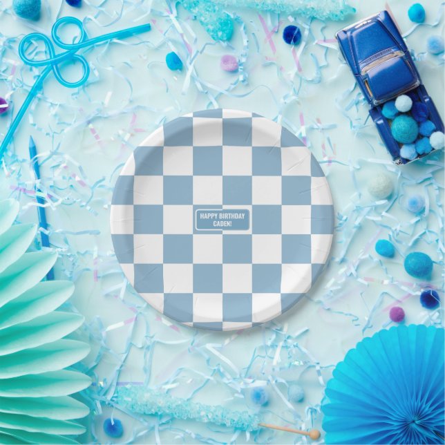 Personalised Chequered Iris Baby Blue Paper Plate (Party)