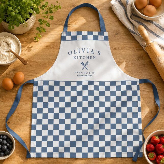 Personalised Chequered Kitchen Custom Name Blue Apron (Creator Uploaded)