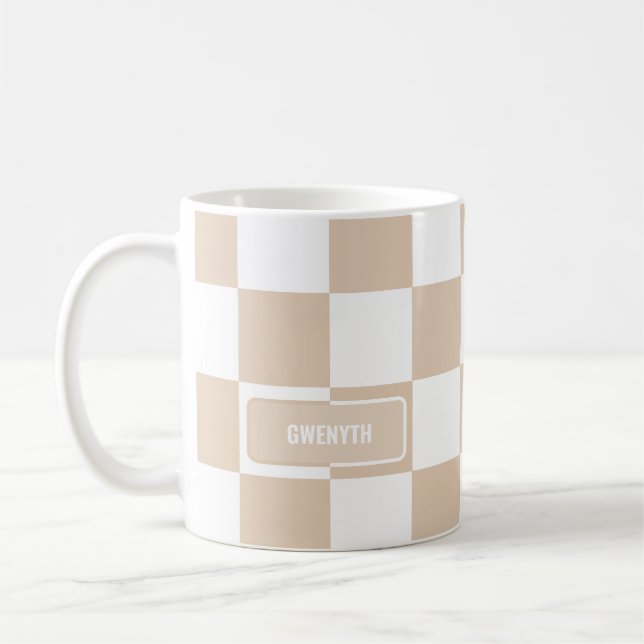 Personalised Chequered Light Neutral Coffee Mug (Left)