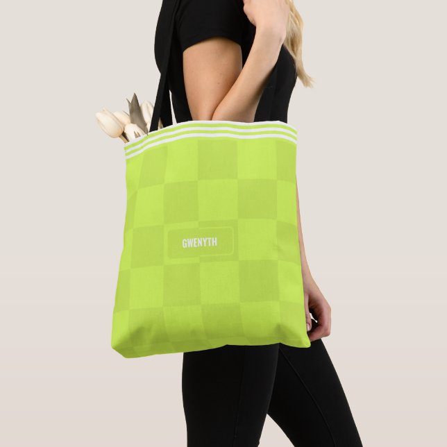 Personalised Chequered Neon Lime Green Highlighter Tote Bag (Close Up)