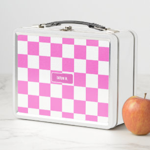 Personalised Chequered Neon Pink Highlighter Metal Lunch Box