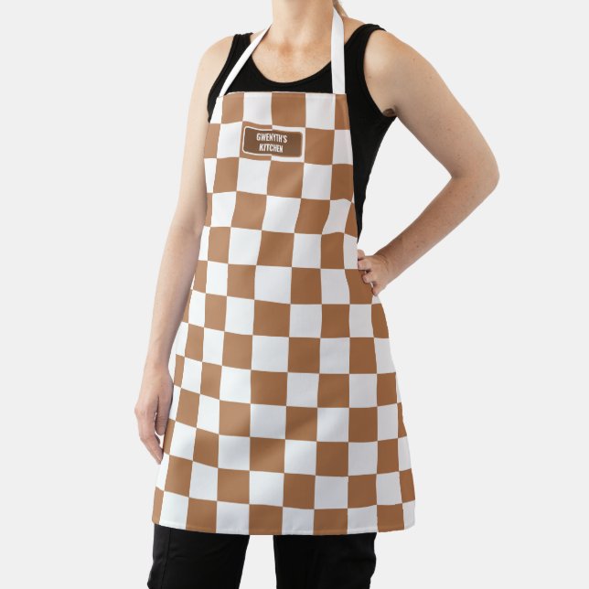 Personalised Chequered Neutral Cognac Camel Apron (Insitu)