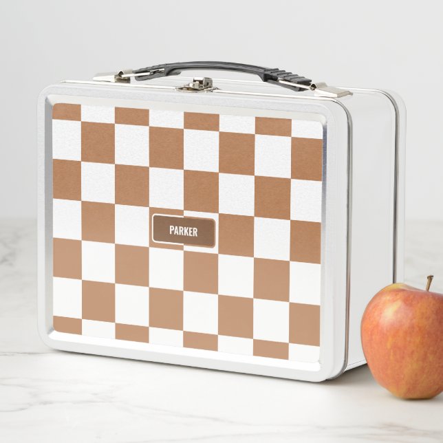 Personalised Chequered Neutral Cognac Camel Metal Lunch Box (In Situ)