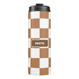 Personalised Chequered Neutral Cognac Camel Thermal Tumbler
