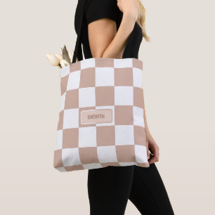 Personalised Chequered Neutral Rose Blush Pink Tote Bag