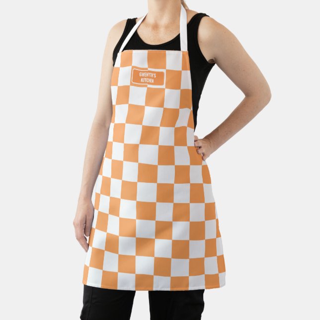 Personalised Chequered Orange Highlighter Apron (Insitu)