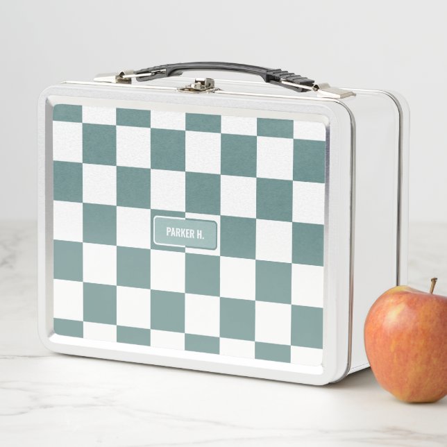 Personalised Chequered Porcelain Turquoise Blue Metal Lunch Box (In Situ)