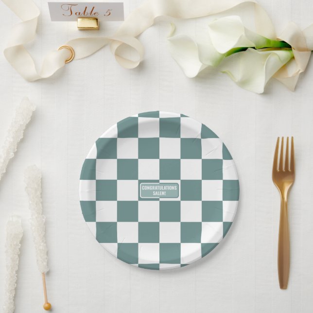 Personalised Chequered Porcelain Turquoise Blue Paper Plate (Wedding)