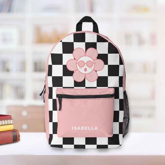 Personalised Chequered Pretty Girl School Printed Backpack (Trendy Checkered Personalized Backpack. Pink cool Daisy with black and white checkers. )