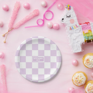 Personalised Chequered Sugar Plum Lavender Purple Paper Plate
