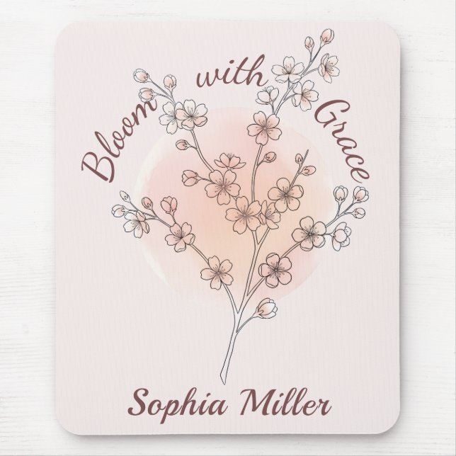 Personalised Cherry Blossom Custom Name Floral Mouse Pad (Front)