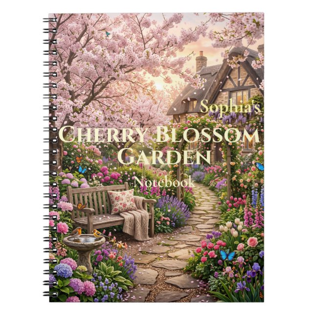 Personalised Cherry Blossom Garden Spiral Notebook (Front)