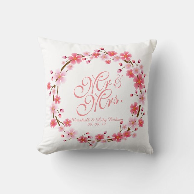 Personalised Cherry Blossom Wreath Wedding Pillow (Front)