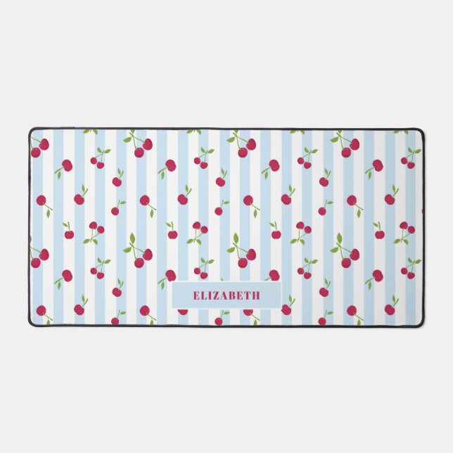Personalised Cherry Blue Stripes Retro Cute Desk Mat (Front)