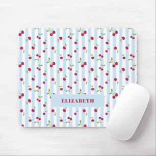 Personalised Cherry Blue Stripes Retro Cute Mouse Pad