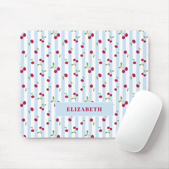 Personalised Cherry Blue Stripes Retro Cute Mouse Pad (With Mouse)