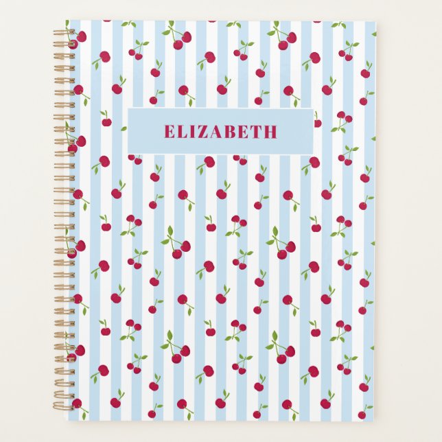 Personalised Cherry Blue Stripes Retro Cute Planner (Front)