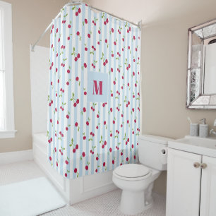 Personalised Cherry Blue Stripes Retro Cute Preppy Shower Curtain
