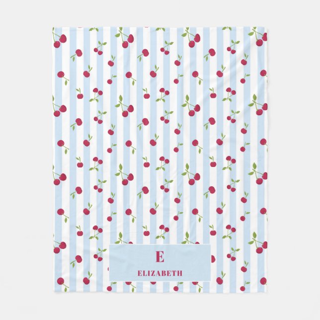 Personalised Cherry Blue Stripes Retro Monogram Fleece Blanket (Front)