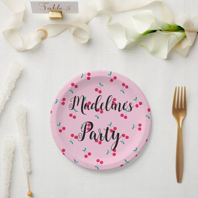 Personalised Cherry Cherries Pattern Pink Party Paper Plate (Wedding)