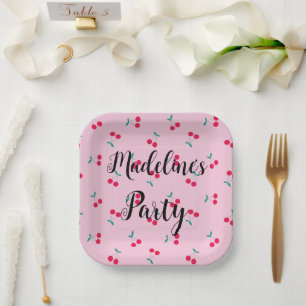 Personalised Cherry Cherries Pattern Pink Party Paper Plate