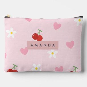 Personalised Cherry, Daisy & Pink Heart Pattern  Accessory Pouch