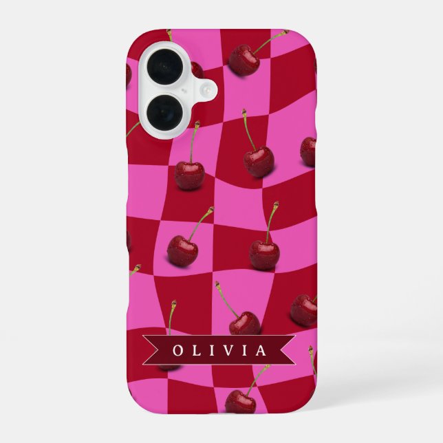 Personalised Cherry Gingham Retro Custom Name iPhone 16 Case (Back)