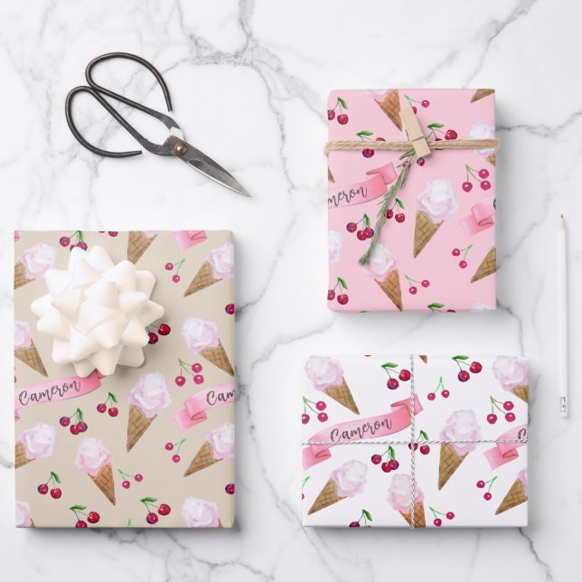 Personalised Cherry Ice Cream Cones Pink Pastels Wrapping Paper Sheet (Front)
