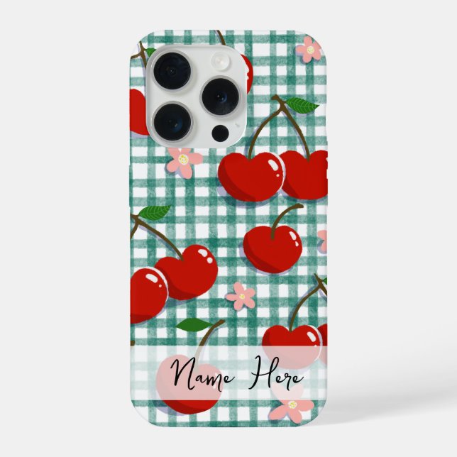 Personalised Cherry on Green Gingham Phone Case –  (Back)