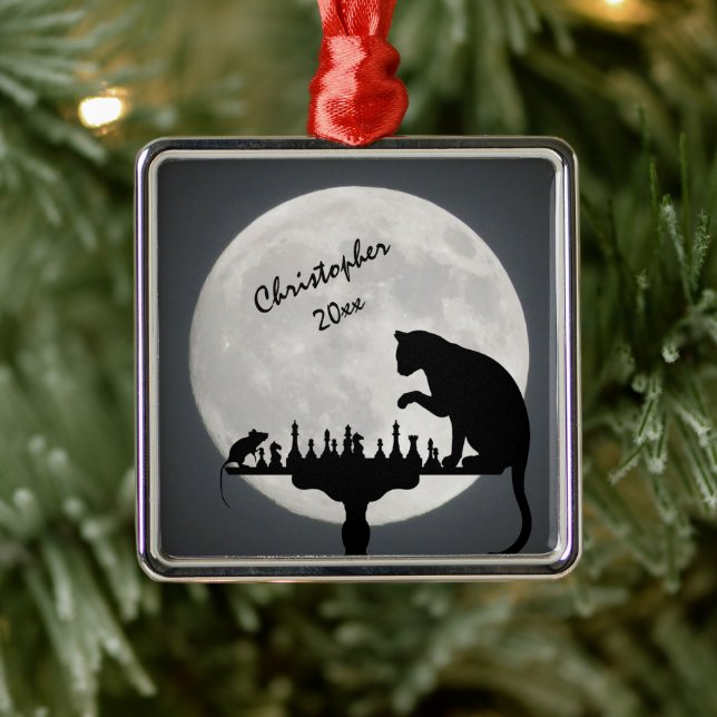 Personalised Chess Full Moon Cat and Mouse Game Metal Ornament (Tree)