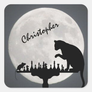 Personalised Chess Full Moon Cat and Mouse Game Square Sticker