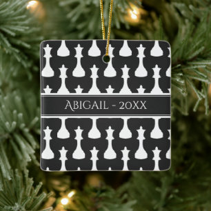 Personalised Chess Queen Black, White Christmas Ceramic Ornament