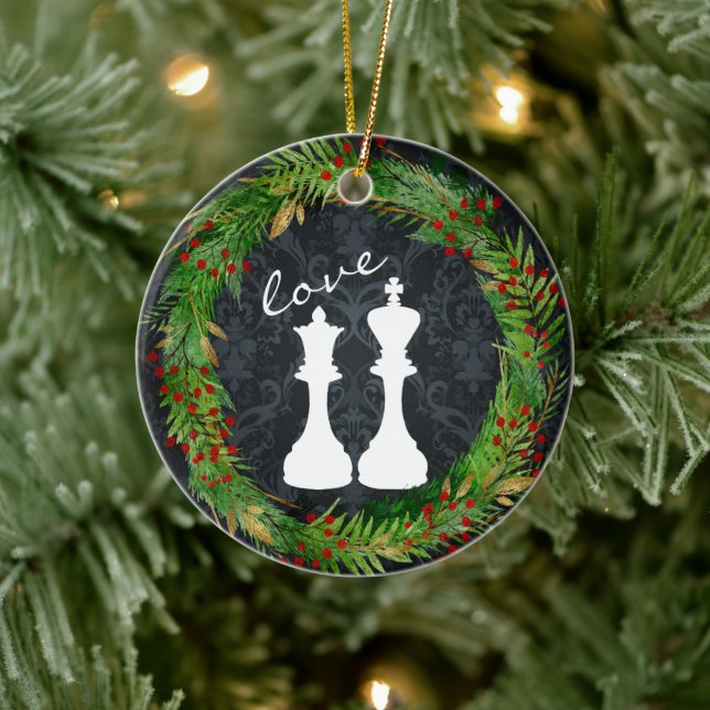 Personalised Chess White King, Queen Couple Love Ceramic Ornament (Tree)