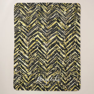 Personalised Chevron Black and Gold Name Sherpa Blanket
