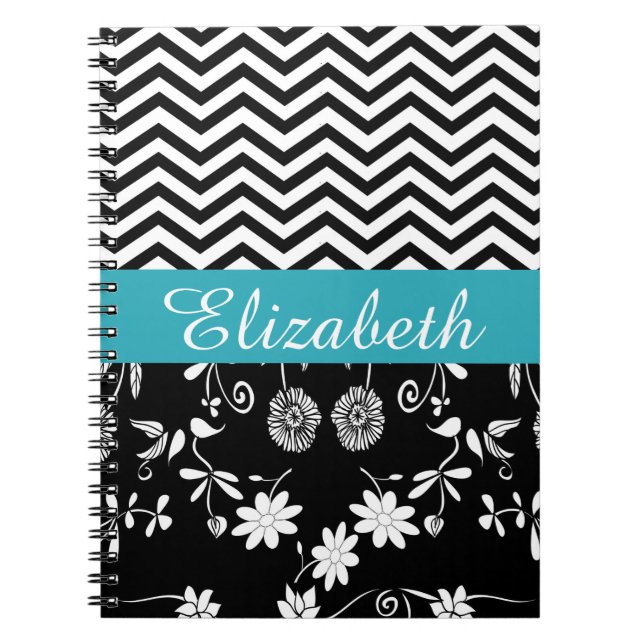 Personalised Chevron Floral Black White Monogram Notebook (Front)