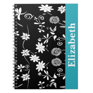 Personalised Chevron Floral Black White Monogram Notebook