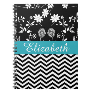 Personalised Chevron Floral Black White Monogram Notebook