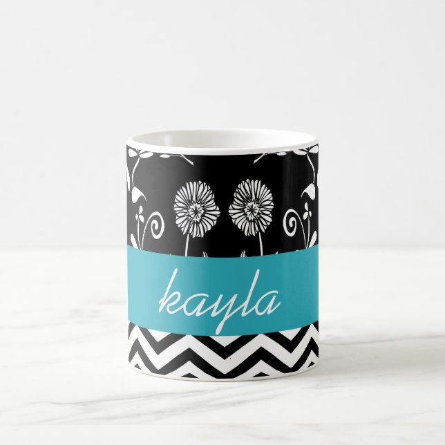 Personalised Chevron & Floral Teal White & Black Coffee Mug (Center)
