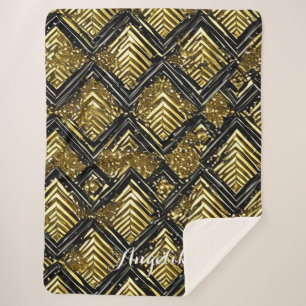 Personalised Chevron Name Gold and Black Sherpa Blanket