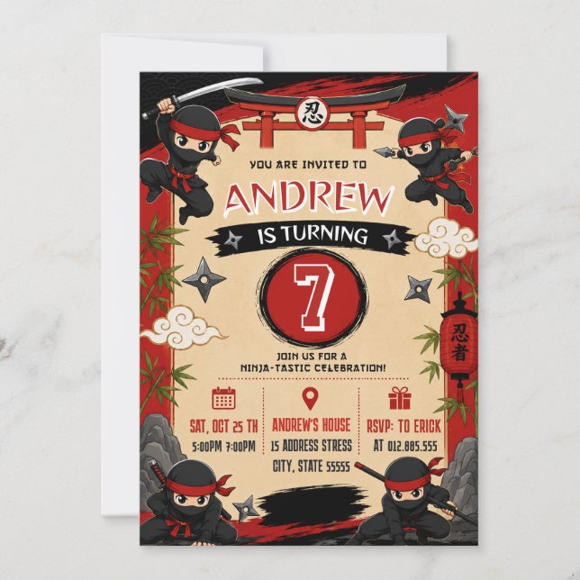 Personalised Chibi Ninja Birthday Invitation (Front)