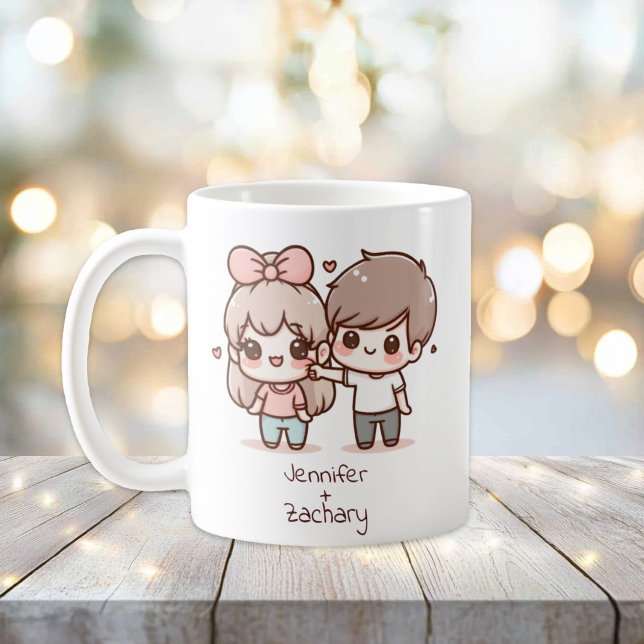Personalised Chibi-Style Flirting Couple  Coffee Mug (Personalized Chibi-Style Flirting Couple Mug)