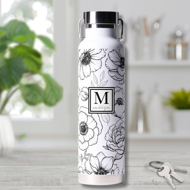 Personalised Chic Black White Monogram Water Bottle (Personalized Chic Black White Monogram Water Bottle)