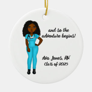 Personalised Chic Black Woman Nursing Graduation Ceramic Ornament