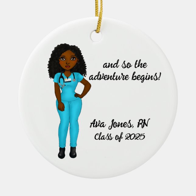 Personalised Chic Black Woman Nursing Graduation Ceramic Ornament (Front)