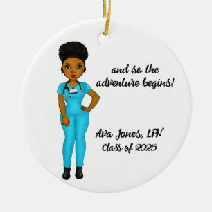 Personalised Chic Black Woman Nursing Graduation Ceramic Ornament