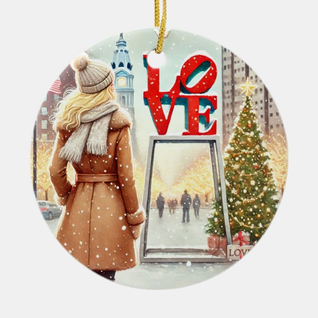 Personalised Chic Blonde Woman at LOVE Philly  Ceramic Ornament (Front)
